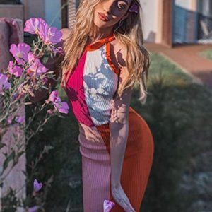 Women Halter Neck Colorblock Ribbed Tank Dress Summer Sleeveless Bodycon